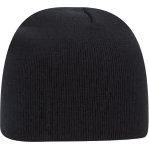 A classic knit beanie in black with a logo at the front, featuring a snug and simple design.