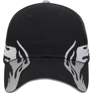 A black 6 panel low profile baseball cap featuring grey flame designs and a logo on the front.