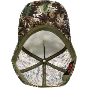 A high crown trucker cap featuring a camouflage pattern and a mesh inner lining in shades of green and brown.