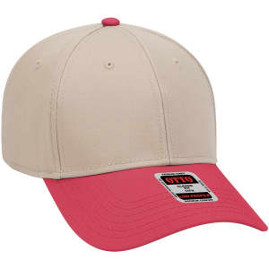 A low-profile baseball cap featuring a beige crown and a pink brim, with a logo on the front.