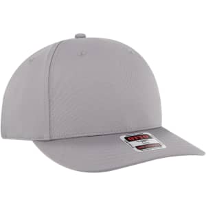 A grey seamless 6 panel mid-profile baseball cap with a curved brim and an attached logo.