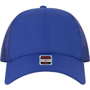 A low profile trucker cap in blue with mesh sides and a branded tag at the front.