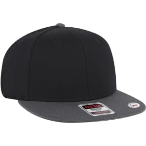 A black snapback cap with a grey brim, featuring a logo on the side.