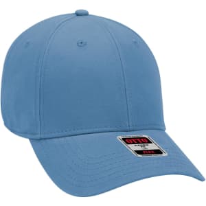 A light blue six-panel low profile baseball cap with a logo on the front.