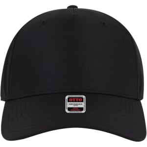 A black 5 panel mid profile style baseball cap with a logo on the front.