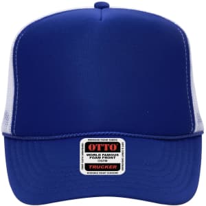 A blue 5 panel high crown trucker cap featuring a foam front and a mesh back, with a logo on the front.