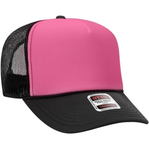 A pink and black 5 Panel High Crown Trucker Cap with a mesh back and a logo on the front.