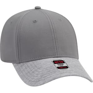 A grey baseball cap with a low profile and a contrasting light grey brim, featuring a logo.