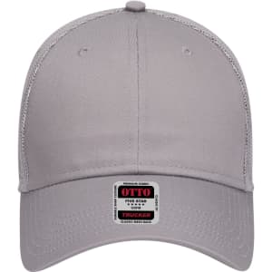 A grey 6 panel low profile trucker cap featuring a mesh back and a logo on the front panel.