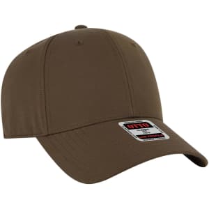 A brown low profile baseball cap with a rounded crown and a curved peak, featuring a logo on the side.
