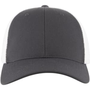 A low-profile trucker cap featuring a grey front and white mesh panels, with a branded logo.