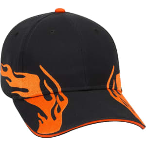 A black baseball cap featuring orange flame designs and an orange accent on the peak. It has a logo on the front.