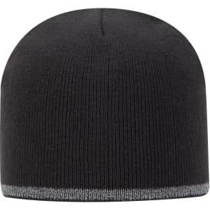 A black knit beanie with a reflective stripe at the bottom and a logo on the side.