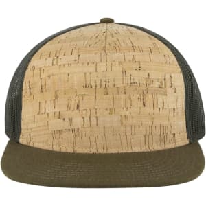 A five-panel trucker cap featuring a cork-style front and grey mesh sides, with a dark green brim.