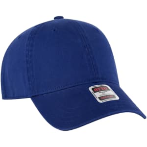 A navy blue 6 panel low profile dad cap featuring a branding label on the front.