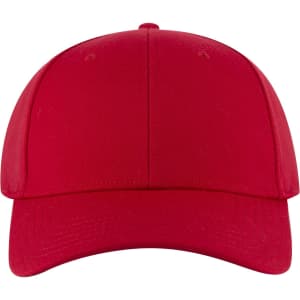 A red 6 panel low profile baseball cap with a curved brim and a logo on the front.