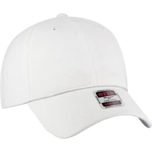 A white 6-panel low profile dad cap with a logo on the side.