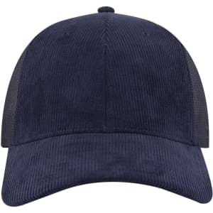 A navy 6-panel low profile trucker cap with a textured fabric and mesh sides. Features a logo on the front.