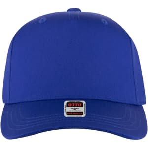 A blue 5 panel mid crown baseball cap for youth featuring a front panel and a peak. Includes a logo on the side.