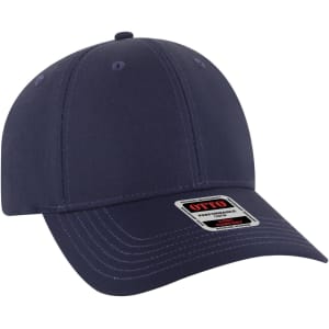 A dark navy 6-panel low profile baseball cap with a curved brim and a logo label on the front.