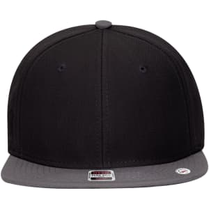 A snapback cap featuring a black crown and grey undervisor, with a logo on the side.