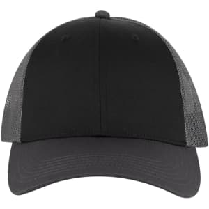 A black low-profile trucker cap featuring a solid front and grey mesh paneling at the back.