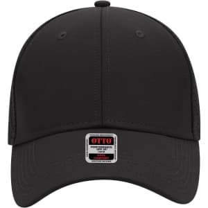 A black 6-panel low profile baseball cap featuring a logo on the front and ventilation holes on the sides.