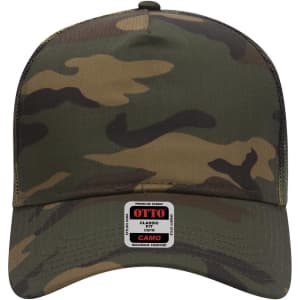 A camo-patterned 5 panel mid crown trucker cap in shades of green and brown, featuring a brand logo.