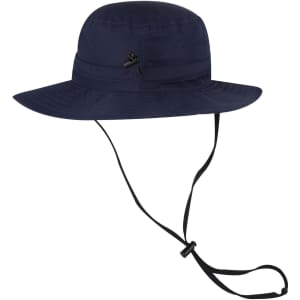 A navy polyester pongee boonie hat with a wide brim and adjustable chin strap. Features a logo.