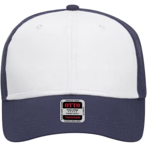 A white and navy 6-panel low profile trucker cap with a mesh back and a branded tag on the front.