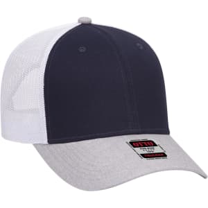 A navy and grey low profile trucker cap with a white mesh back and a label on the front.