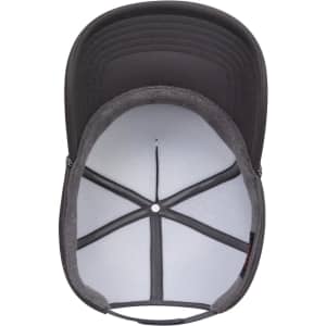 A grey 5 Panel High Crown Full Foam Cap, featuring an interior view with a structured design and a logo.