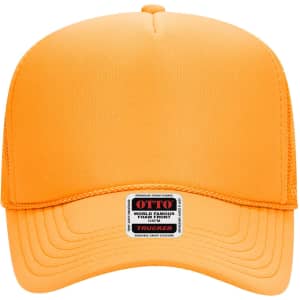An orange 5 panel mid profile trucker cap featuring a mesh back and a logo label on the front.