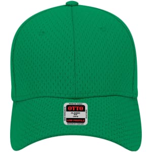 A green 6-panel low profile baseball cap with a mesh texture and a branded tag on the front.