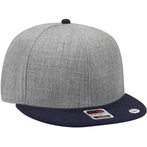 A grey mid-profile snapback cap featuring a navy peak and a logo on the side.