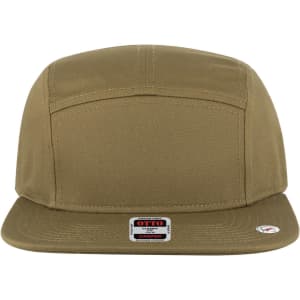 A 5 Panel Camper Hat in a khaki colour with a flat brim and a branded label on the front.