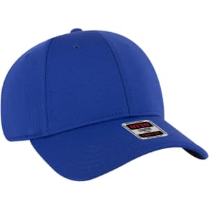 A blue six panel low profile baseball cap with a branded label attached.