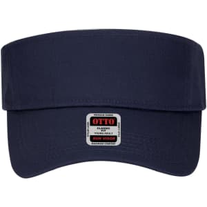 A navy sun visor features a wide brim and includes a logo on the front. Suitable for youth headwear.
