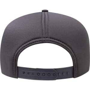 A grey high crown cap featuring a full foam design with a branded logo and an adjustable snapback strap.