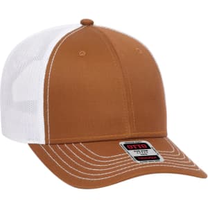 A brown and white 6 panel low profile trucker cap with a mesh back and an attached logo label.