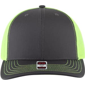 A six-panel mid-profile trucker cap in black with bright green mesh sides and contrasting stitching, featuring a logo.