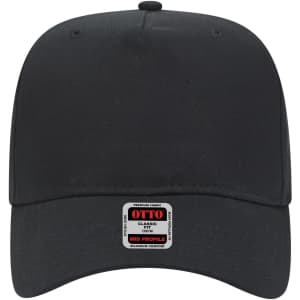 A black 5 panel mid profile baseball cap featuring a logo on the front.