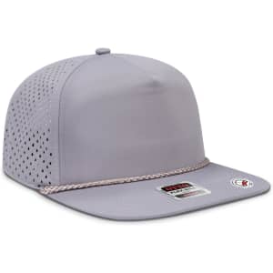 A grey 5 Panel Pro Style Snapback Hat with a textured surface, perforated sides, and a decorative braided trim.