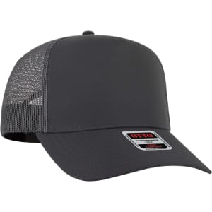 A grey 5-panel mid profile trucker cap with a mesh back and a branded label on the front.