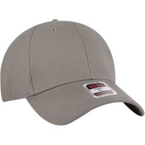 A grey 6 panel low profile baseball cap with a curved brim and a brand logo on the side.