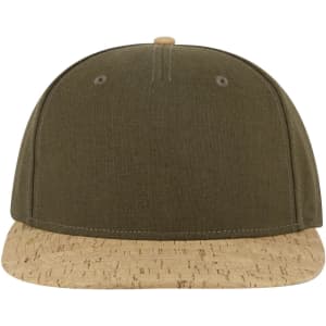 A five-panel snapback cap in olive green with a cork brim and a logo on the front.