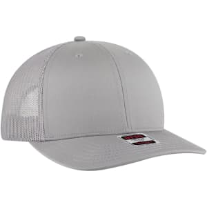 A grey 6 panel mid profile trucker cap featuring a mesh back and a logo on the front.