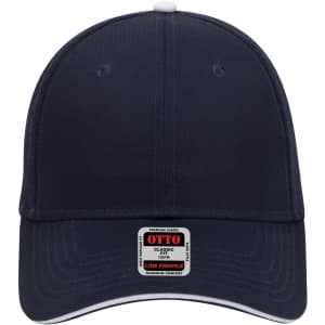 A navy 6 panel low profile baseball cap with a white trim and a logo on the front label.
