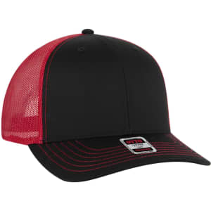 A mid-profile trucker cap featuring a black front and red mesh back, complete with a logo.
