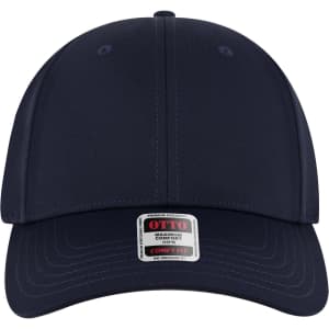 A navy blue low profile baseball cap with a six-panel design and a logo on the front.